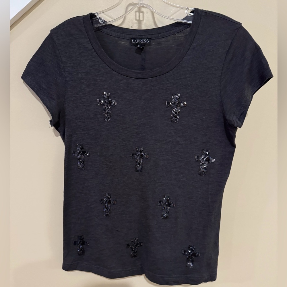 Express Cross Sequin Tee Gray XS